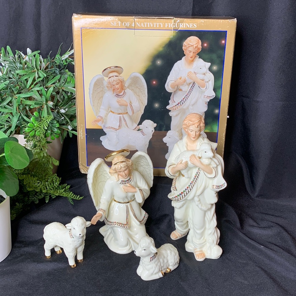 Set of 4 Jade Porcelain for Bon-Ton Nativity shepherd, Angel and 2 sheep figures